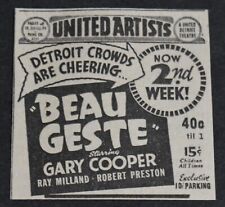 1939 Print Ad Michigan Detroit United Artists Beau Geste Gary Cooper Movie art picture