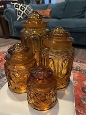 VINTAGE MCM L E Smith Moon & Stars Amber Glass 4pc Canister Set picture
