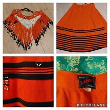 Vintage 1970s Womens South African Zulu Orange Wool Wrap SKIRT & Beaded Necklace picture