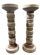 14” Tall Distressed Wooden Candle Stick Pair - Brown And Beige picture