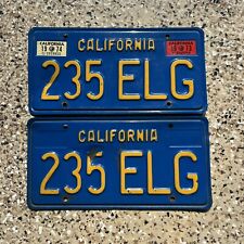 California 1970 Blue License Plate Pair DMV Clear 235 ELG 1973 1974 Sticker 70s picture