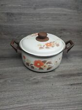 Vtg 70's Cookware Enamel Handled Pot W/lid FLORAL & Handpainted picture