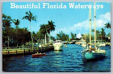 Florida Waterways Boats Waterfront Palms Ocean Street Sailboat VNG WOB Postcard picture