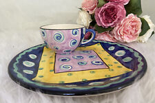 Favanol Ceramic Dinner Plate Mug Blue Yellow Swirls Hand Painted Portugal 10.5” picture