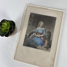 Original 1870 Childhood Engraving Print Young Lady with Tabby Cat & Spaniel Dog picture
