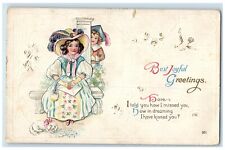 c1910's Joyful Greetings Girl Big Hat Letter Dog Elizabethtown IN Postcard picture