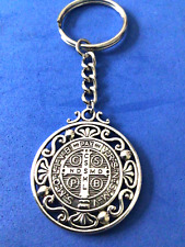 Saint St BENEDICT Keychain Key Ring Protection Silver Tone Ornate 4-1/4x1-1/2” picture