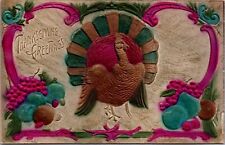 Air Brushed Postcard Thanksgiving Greetings Turkey with Fruit picture