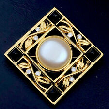 Monet Vintage Metal Pin Enamel Jeweled Heavy Gold Tone Square Brooch picture