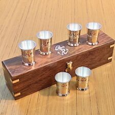 Antique Brass Silver Coated Shot Glass Set Of 6 Wooden Box Gift picture