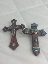 Faux Leather Turquoise Resin Cross Magnets Blue Brown 4 X 2.5