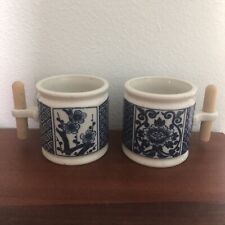 Vintage Pair Otagiri Coffee Mug Cup Speckled Stoneware Unique Wood Handles 1970s picture