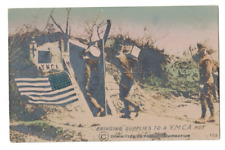 Antique RPPC Postcard US Troops Bringing Supplies to YMCA Hut WWI Hand Colored picture