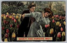 Postcard Won't You Forgive Me Romantic Couple in Field of Flowers c1911 Vintage picture