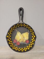 ANTIQUE CAST IRON SKILLET HAND PAINTED & SIGNED. PEARS/CHERRIES. 6 INCH No. 3 picture