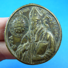 HUGE ST BENEDICT CROSS PATRON EXORCISM PROTECTION ANTIQUE MEDAL BRONZE  17TH picture