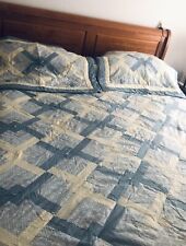 vtg blue geometric floral quilte bedspread reversible queen size picture
