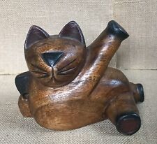 Wood Sassy Cat Figurine Statue Celebrates Victory Kitschy Folk Art Cottagecore picture