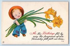 Dawson Minnesota MN Postcard Birthday Little Boy With Flowers c1910's Antique picture