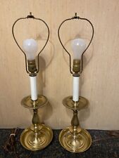 Vintage Pair Of Candlestick Colonial Styled Brass Metal Stem MCM Lamps picture
