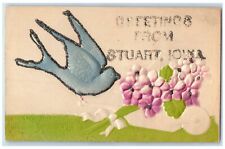 c1910's Greetings From Stuart Iowa IA Unposted Embossed Bird Flowers Postcard picture