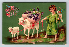EASTER Angel Girl Shepherd Sheep Giant Eggs Violet Flowers GEL COATED? Postcard picture