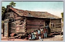 1907 postcard  FAMILY 7 CHILDREN FRONT OF LOG CABIN seven up picture