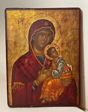 Vintage original hand painted gilded Religious Russian icon Mary Jesus painting picture