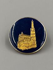Vintage Circular Lapel Pin W/ Gold Colored Cathedral Church Castle Building picture