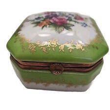 Vintage Norleans Porcelain Square Green Gold Floral Hinged Trinket Jewelry Box picture