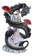 Legends Oriental Black Dragon King With Red Fans Geisha Dancer Fairy Figurine picture