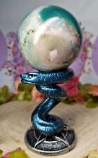 Pretty Dyed Green Flower Agate Crystal Sphere 57mm 264g & Snake Stand picture