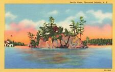 Thousand Islands Devil’s Oven NEW YORK Vintage Postcard Tree, Flag, River, Cabin picture