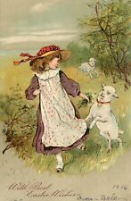 PFB Embossed Easter Postcard Little Girl With Lambs In Field 3545B Undiv. Back picture