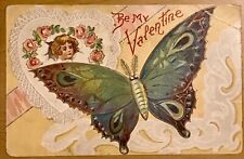 Antique Valentine Postcard Stunning Butterfly And Girl picture