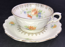 VTG Late 1940s Bavaria Schumann Germany US Zone Floral Gold Rim Tea Cup & Saucer picture