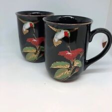 Otagiri Hummingbird Hibiscus Black Gold Floral Cup Mugs Set Of 3 Japan picture