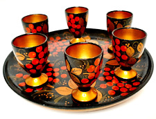 Russian Khokhloma Lacquer Handpainted Tray & Vodka Shot Glasses Set of 6 Cups picture