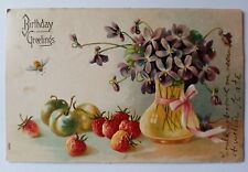 Birthday Greetings Flower Vase Fruit Antique Postcard Posted 1907 picture