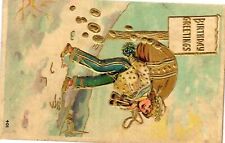 Vintage Postcard- BIRTHDAY GREETINGS, CHILD CARRING A SACK  Posted 1910 Embossed picture