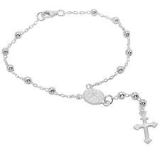 925 Solid Pure Sterling Silver Rosary Cross Virgin Mary Prayer Bracelet 7 Inches picture