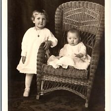 c1910s Adorable Siblings RPPC Baby Boy Little Girl Cute Real Photo PC Chair A185 picture
