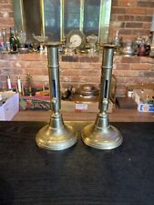 Pair Of Antique Brass Push Up Candlestick Holders, 5/8” Thick Candles, English? picture