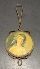 Vintage Hanging HAND MIRROR Celluloid Portrait Young Lady Bent Brass Handle picture