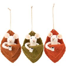 Primitives By Kathy Fall Felt Mice Leaf Bed Coffee Cup SET of 3 Critter Ornament picture