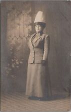 RPPC Postcard Woman in Striped Dress Suit Wearing Large Funky Hat picture