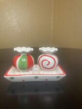 LRI Christmas Salt & Pepper Shakers Red/White/Green W/Holder. picture