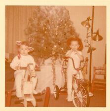 1960s Christmas Tree Boys Rocking Horse Red Trike Bicycle Found Photo Original picture