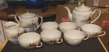 Vintage 1930’s Scenic Oriental China Serving Set, Teapot, Creamer, Sugar 6 Cups picture