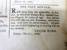 1806 SPRINGFIELD newspaper wth RUNAWAY SLAVE REWARD Ad from PALMER Massachusetts picture